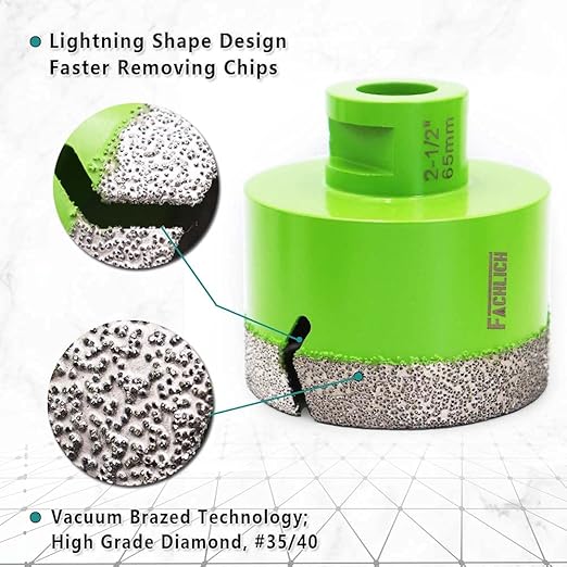 Diamond Core Drill Bit,2pcs Diameter 2-1/2 inch 65mm Thread 5/8-11,Vacuum Brazed Dry Wet Hole Saw for Porcelain Tile,Granite,Marble,Concrete,Masonry,Brick