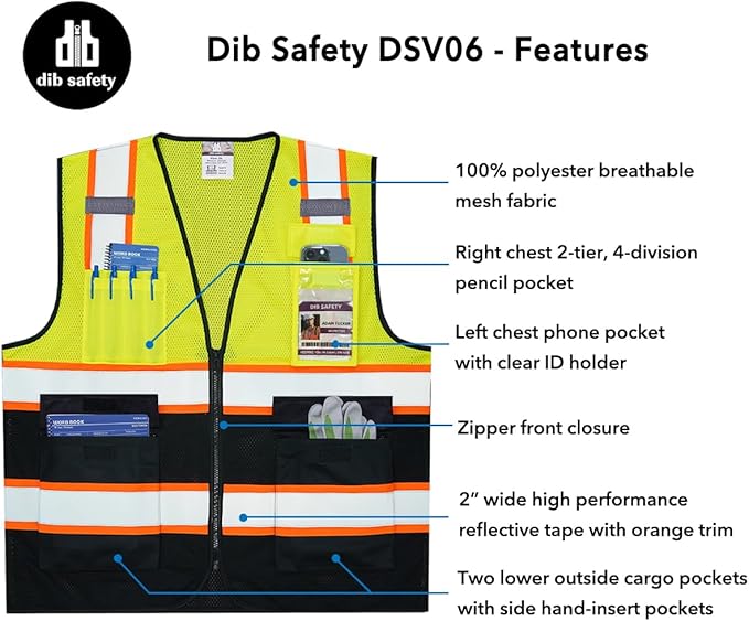 Dib Safety Reflective Mesh Vest High Visibility Two Tone with Pockets and Zipper, Yellow and Black Mesh with Orange Trim L