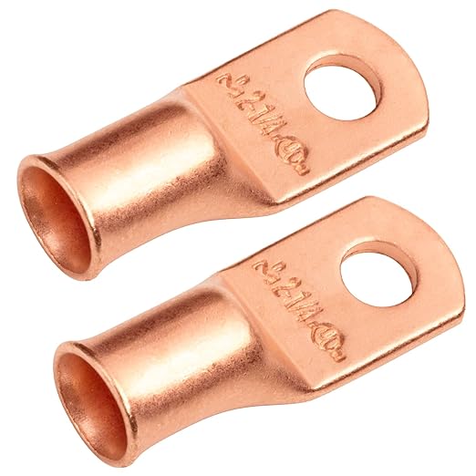 SELTERM 2pcs 2 AWG 1/4" Stud Copper Wire Lugs, Battery Lugs, Ring Terminals, Battery Cable Ends, 2 Gauge Ring Terminal Connectors, UL Heavy Duty Bare Copper Eyelets Battery Terminal Connectors