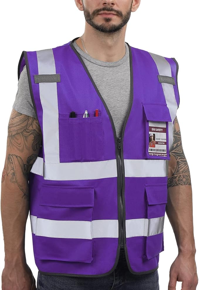Dib Safety Reflective Vest High Visibility with Pockets and Zipper, Purple M