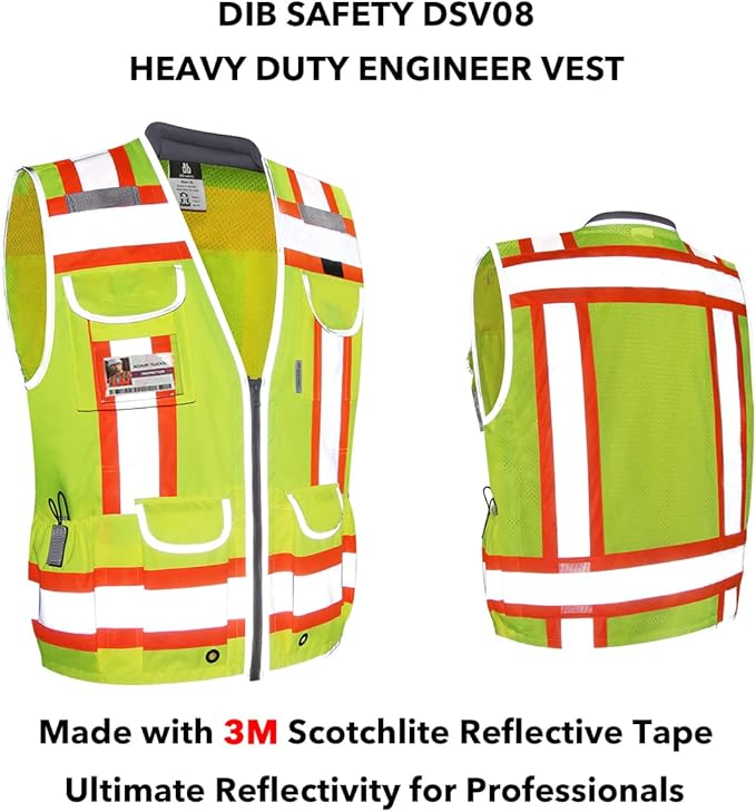 Dib Safety Reflective Vest Heavy Duty, High Visibility Two Tone Engineer Vest, Made with 3M Tape, Padded Collar, Retractable ID Pocket, Yellow XL