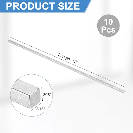 uxcell 10Pcs Square Steel Key Stock, 3/16" x 3/16" x 12" Cold-Drawn 45# Steel Bars Precision Key Stock for Gearbox Coupling, Silver Tone