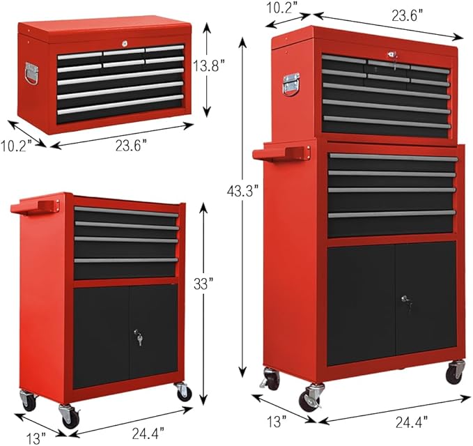 Tool Chest 13-Drawer with Double Door Handle,2 in 1 Detachable Rolling Tool Chests with Wheels and Drawers,Large Tool Box with Lock (Red＆Black)