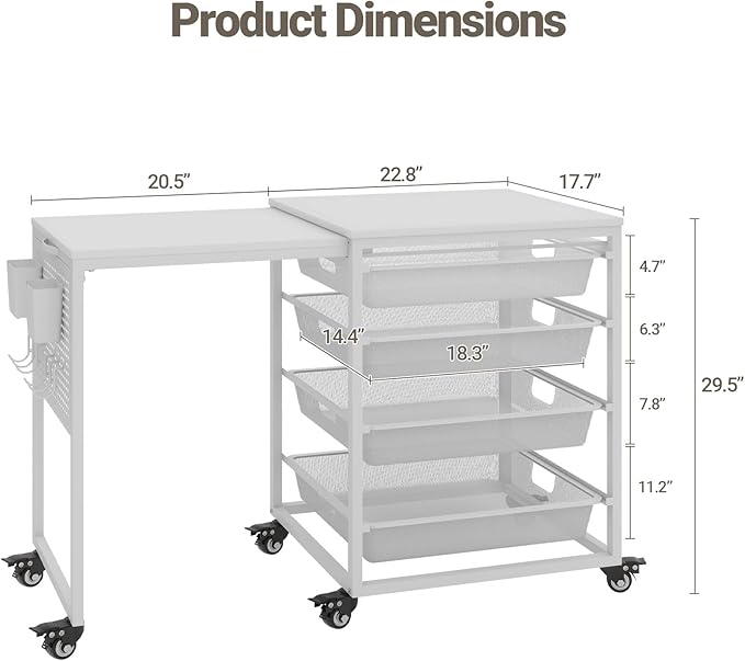 Craft Table with Wheels & Drawer, Extendable Cart with Pegboard, Arts and - Image 2