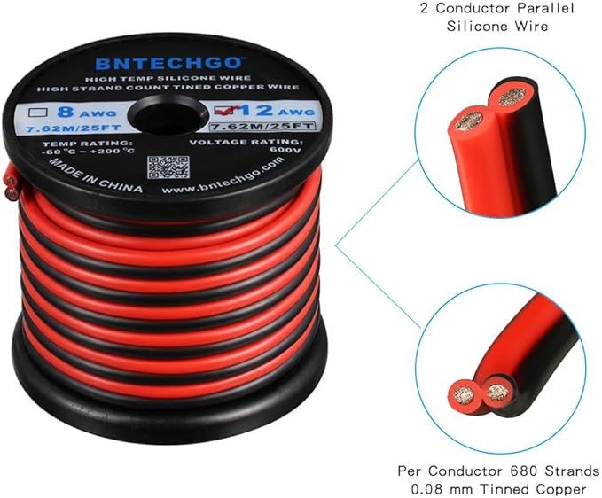 BNTECHGO 12 Gauge Flexible 2 Conductor Parallel Silicone Wire Spool Red Black High Resistant 200 deg C 600V for Single Color LED Strip Extension Cable Cord,Model,25ft Stranded Tinned Copper Wire