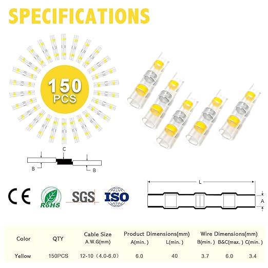 Kuject 150PCS Solder Seal Wire Connectors AWG 12-10, Yellow Solder Seal Heat Shrink Butt Connectors Terminals Solderstick Sleeve Waterproof Wire Splice Connector for Marine Boat Wire Joint