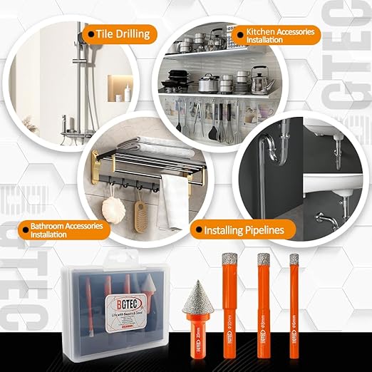 Dry Diamond Drill Bit Set - BGTEC 3pcs 3/8" 10mm Hole Saw and 1pc 4/5" Dimaond Chamfer bit for Granite Marble Porcelain Ceramic,Vacuum Brazed Diamond Core Drill Bit Kit