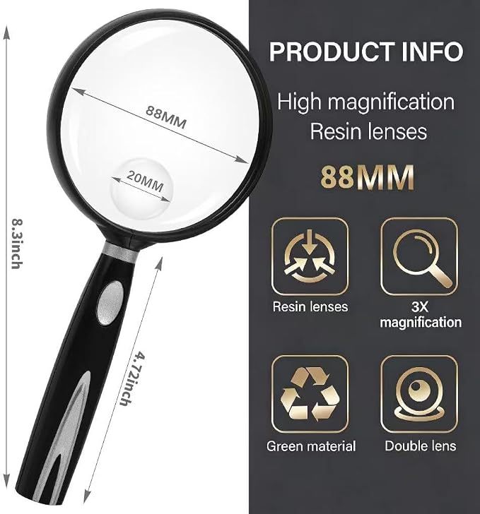 Feosky Handheld Reading Magnifier, 90mm Shatterproof Lens, Non-Slip Handle - Image 2