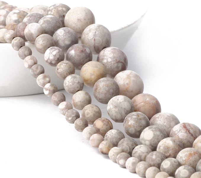 6mm Matte Flowery Cowry Fossil Bead, 15-Inch Matte Round Loose Stone Beads - Image 6