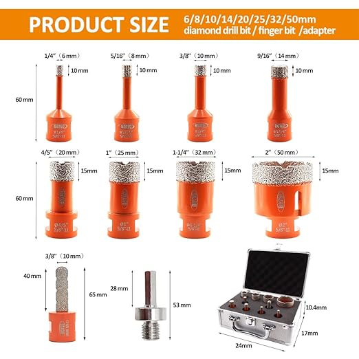 BGTEC Diamond Core Drill Bits Set - 10pcs Tile Hole Saw Kit 6/8/10/14/20/25/32/50mm with 10mm Diamond Finger Bits for Porcelain Ceramic Tile Granite Marble，Hex Adapter