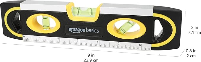 Amazon Basics 9-Inch Magnetic Torpedo Level and Ruler, 180/90/45 Degree Bubbles, Black