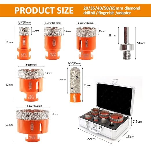 Diamond Core Drill Bits Set,BGTEC 7pcs Tile Hole Saw Kit 20/35/40/50/65mm with 20mm Finger Bits for Porcelain Tile,Ceramic Granite Marble Stone Masonry Brick