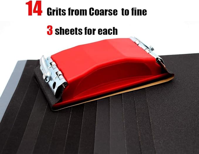 WELLGO Sanding Block With 42 pcs Sandpapers Wet Dry 120 to 3000 Assorted Grits Sandpapers, 9x3.6 Inch Sanding Sheets for Wood Furniture Finishing, Metal Sanding,Car Sanding,Glasses Sanding