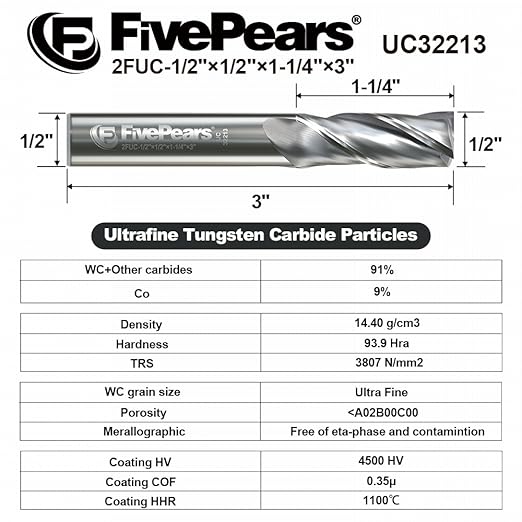 FivePears Up Cut Spiral Router Bit for CNC, 1/2 inch Cutting Diameter and 1/2 inch Cutting Length 1/2 inch Shank Carbide End Mill Router Bit for Wood Carving Engraving Grinding Grooving