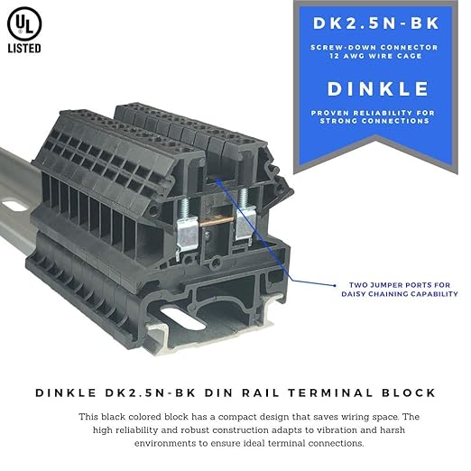Dinkle Black DK2.5N-BK DIN Rail Terminal Block Screw Type UL 600V 20A 12-22AWG, Pack of 100