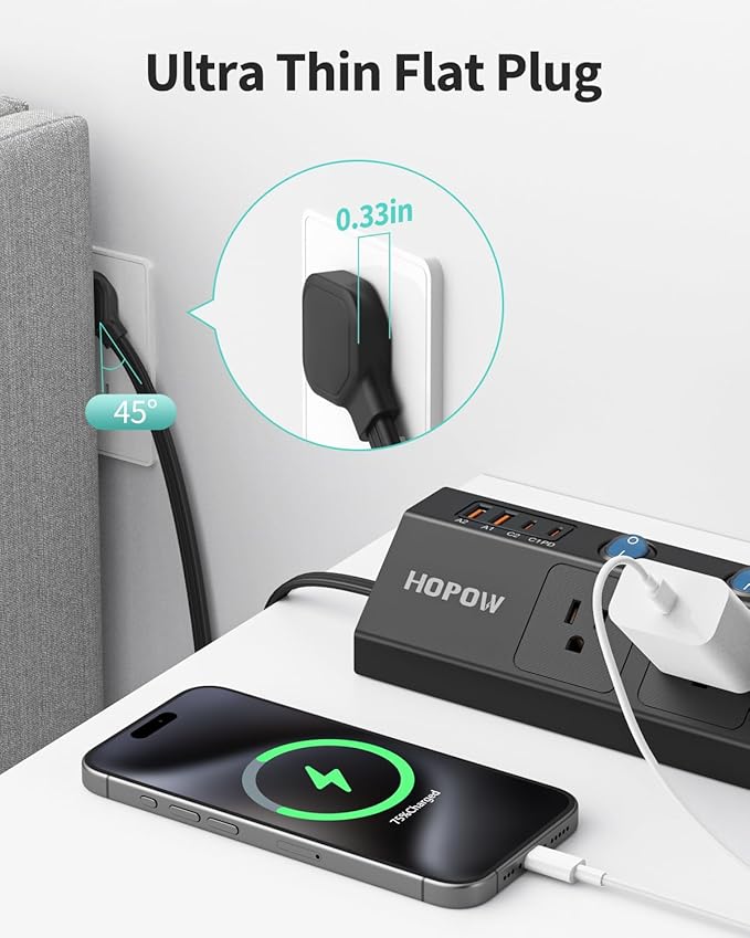 Flat Plug Power Strip with Individual Switches, 10 Ft Ultra Thin Flat Extension Cord, 5-Outlet Surge Protector with 2 USB-C (20W PD) & 2 USB-A, 1700 Joules, Wall Mount for Home Office, Black
