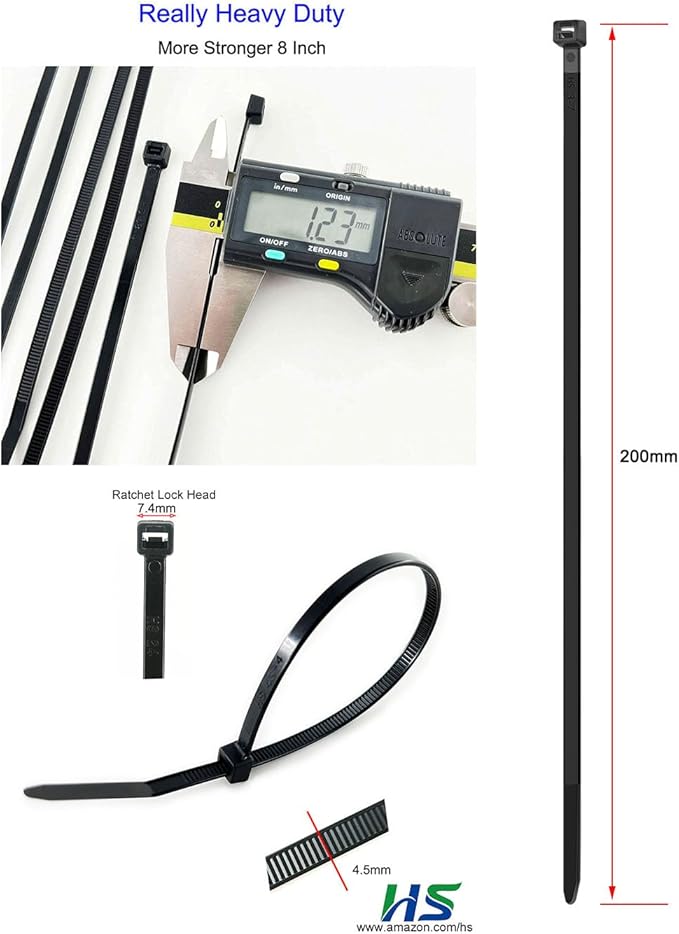 HS Strong Medium Zip Ties 8 Inch x 3/16" UV Rated Black 100 PCS Cable Zipties 50 Pounds Heavy Duty Self-Locking Strap Ties Automotive,Outdoor Fence Purpose