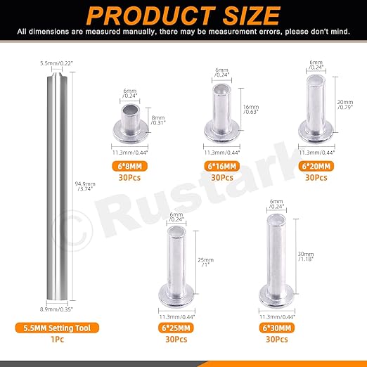 151Pcs 5 Sizes M6 Aluminum Flat Head Semi Tubular Rivets Assortment Kit with Punch, Partial Hole Tubular Rivets Round Flat Head Semi Tubular Rivet Silver Tone for Household Industry Repairing