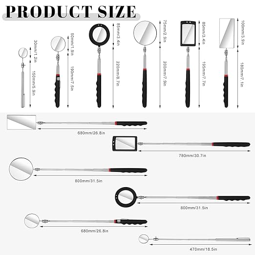 6 Pcs LED Telescoping Inspection Mirror,Retractable LED Mechanical Mirror Tool,Under Vehicle Inspection Mirror,Car Visual Reflector,Retractable Under Vehicle Detection Mirror