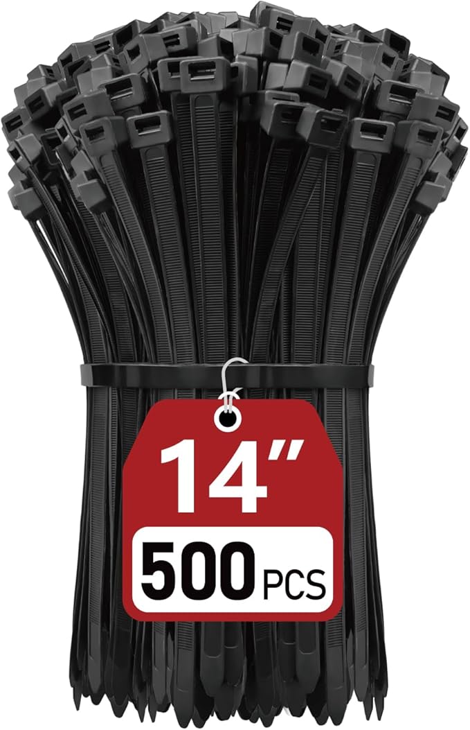 Zip Ties Heavy Duty 14 inch (500 Pack), Heavy Duty Cable Ties with 120 lb Tensile Strength for Outdoor Use, Black Wire Ties, Paloka