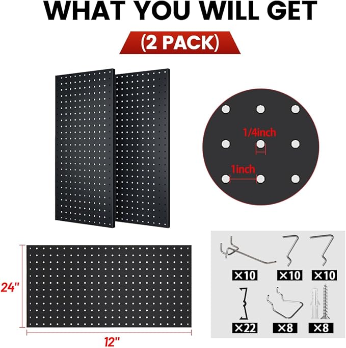Pegboard, Metal Peg Board, Pegboards Wall Organizer with 38 Pcs Hooks, Sturdy Peg Board for Garage Tool Organization, Home & Office Wall Decoration (Black, 2 Pack)