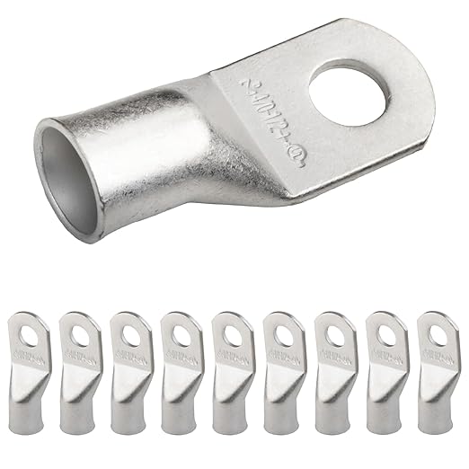 SELTERM 10pcs 4/0 AWG (XL)-1/2" Stud Tinned Copper Wire Lugs,Heavy Duty Battery Cable Ends,0000 Gauge Ring Terminals, UL Battery Lugs Marine Grade Copper Eyelets Electrical Battery Terminal Connectors