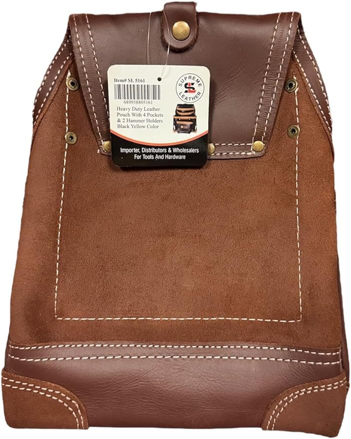 Supreme Leather Tool Pouch for Construction Carpenter Tool Bag Electrician's Pouch | 10 Pockets 2 Stainless Steel Hammer Holders Top Grain Leather Bag