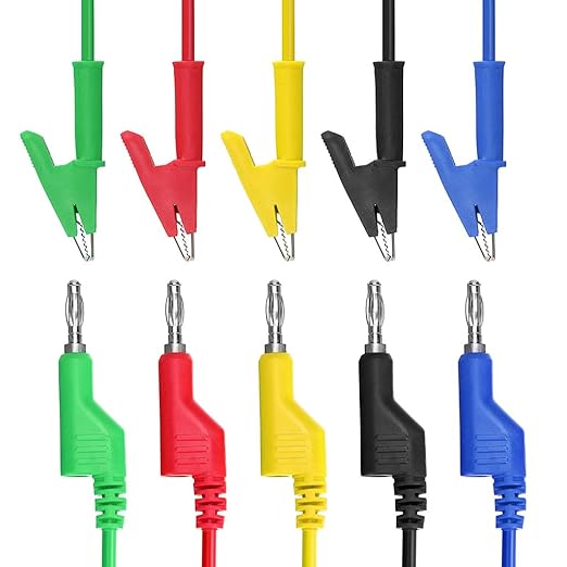 Sumnacon Multimeter Banana Plug to Crocodile Alligator Clip Test Probe, 5PCS 4mm Stackable Colorful Silicone Banana Plug to Alligator Clip Test Probe Lead Wire Cable 1M