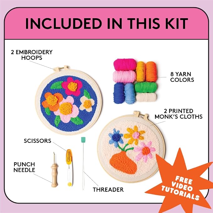 SPINNY Punch Needle Kit, Two Large Floral Designs w/ 2 Embroidery Hoops - Image 2