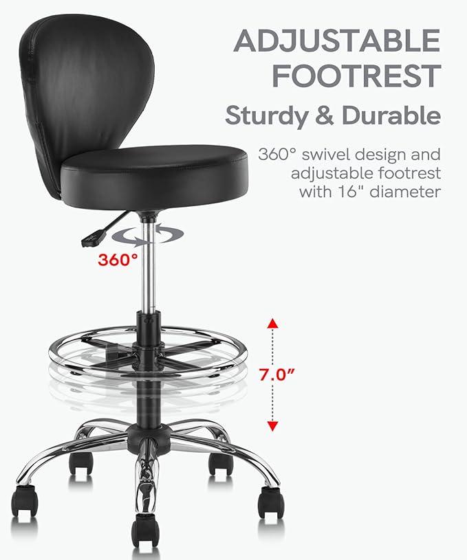 PVC Faux Leather Drafting Chair Rolling Swivel Salon Stool Seat Adjustable Height 30 Inch with Back Support Foot Rest Hydraulic Wide Seat Diameter 15 in for Tattoo Beauty Barber Lash
