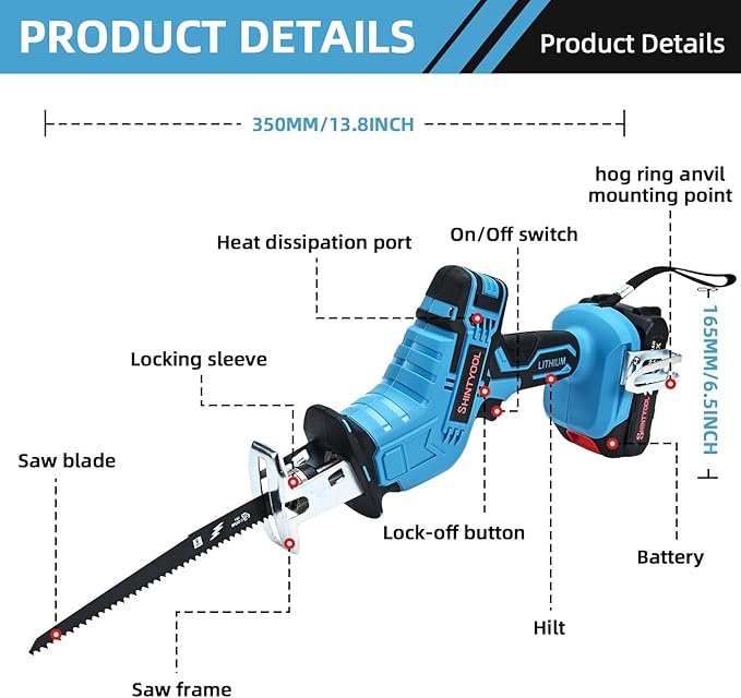 21v Cordless Reciprocating Saw, 2.0 Ah Battery Operated Reciprocating Saw With Charger,Hog Ring Anvil And 4 Pcs Blades For Wood Pvc Pipe Tree Cutting By SHINTYOOL