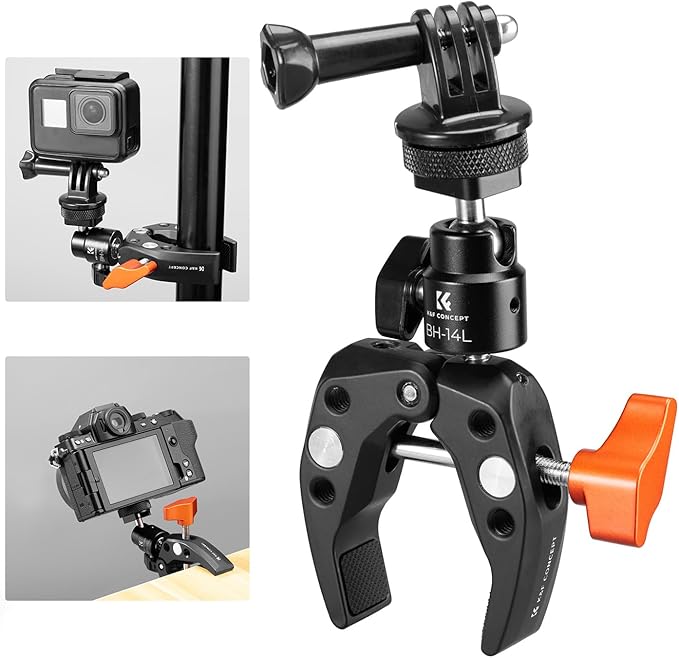 K&F Concept Super Clamp Camera Clamp with 360 Ballhead, Compatible with GoPro/AKASO/Insta360/Pocket 3, 1/4"-20 Screw & Cold Shoe Mount for Camera/Monitor/Light/Microphone