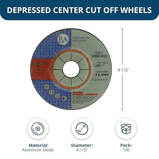 Benchmark Abrasives 4-1/2" Aluminum Oxide Pro Depressed Center Grinding Wheel, 1/4" Thick, 7/8" Arbor for Cutting Grinding Stock Removal on Metal, Steel, Cast Iron - 100 Pack