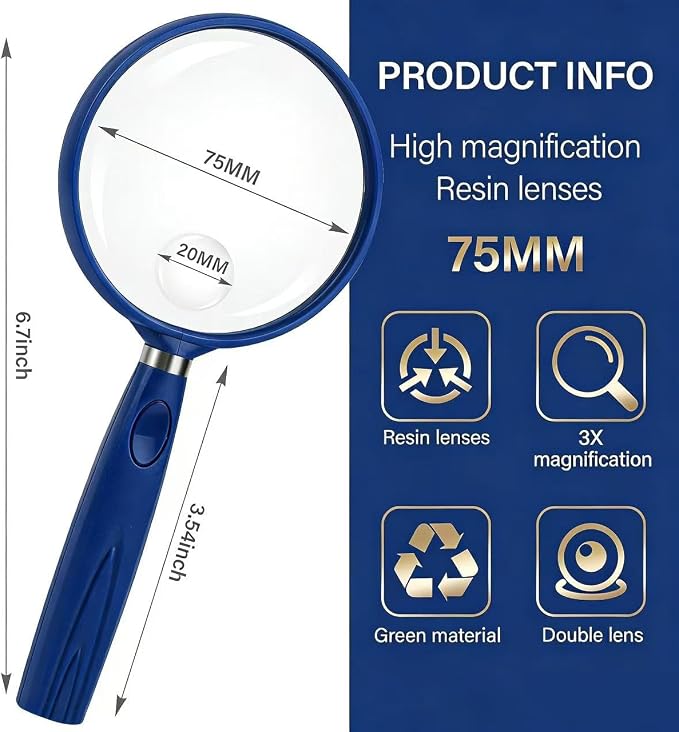 Feosky Handheld Reading Magnifier, 3X Magnifier, 75mm Shatterproof Lens - Image 2