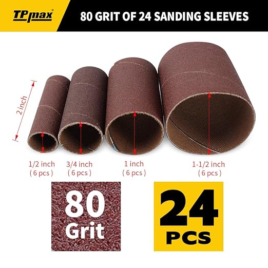 24-Pack Spindle Sanding Sleeves - 80 Grit - 2-Inch Length - Assorted Diameters of 1/2 in, 3/4 in, 1 in, and 1-1/2 inches