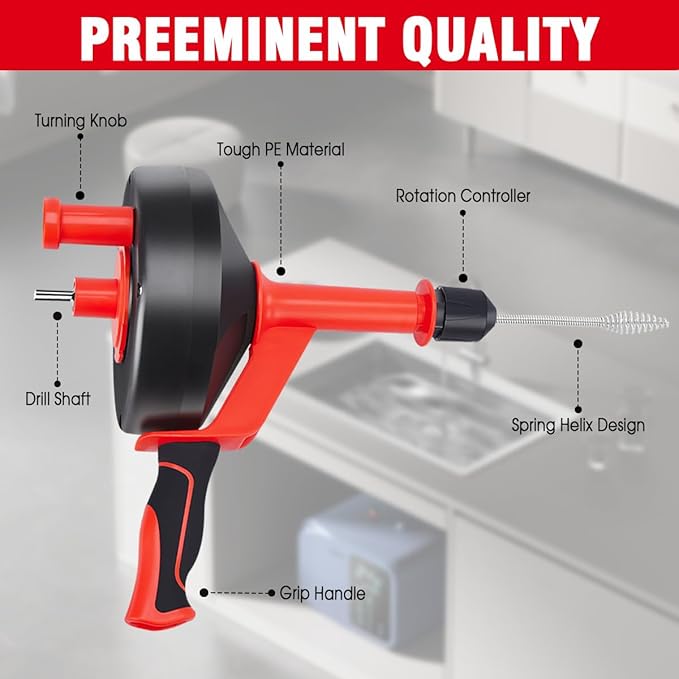 Drain Auger 42ft Heavy-Duty Plumbing Snake for Bathroom, Shower,Sink, Bathtub & Toilet Clogs - Extra-Long Flexible Drain Snake, Hair Clog Remover for Kitchen Sink and Sewer Pipe