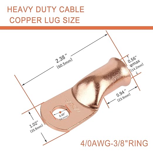 10pcs 4/0 AWG-3/8”(M10) Ring Terminals 0000 Gauge Copper Wire Lugs Battery Cable Ends Heavy Duty Battery Cable Terminal Connectors