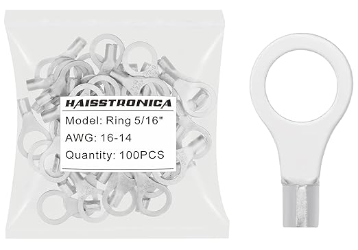 haisstronica 100pcs 5/16" Ring Terminals,AWG 16-14 Brazed Seam Non-Insulated Copper Wire Connectors