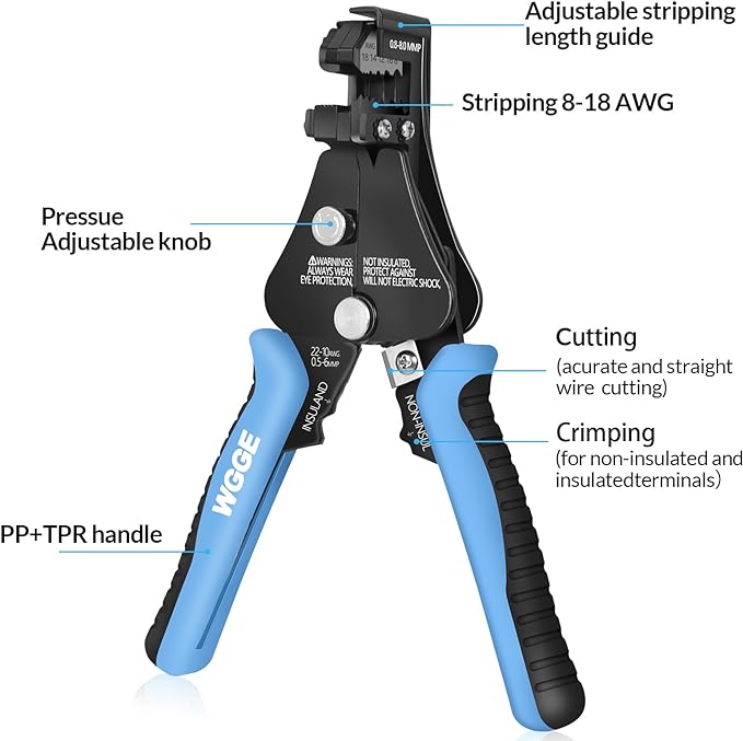 WGGE Automatic Heavy Duty Wire Stripper/Wire Cutter, 3 IN 1 Adjustable Wire Stripper Tool for 8-18 AWG Solid and Stranded Electrical Wire | 10-22 AWG Wire Crimping Tool