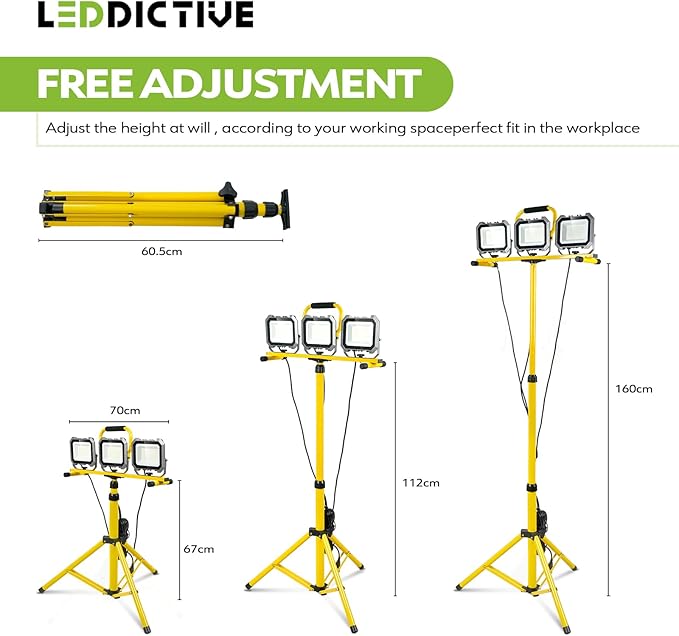 30000LM Work Lights with Stand, IP66 Waterproof 6000K LED Work Light with Foldable Tripod Stand, 3 Head Portable Work Light with Individual Switch for Indoor Outdoor Lighting