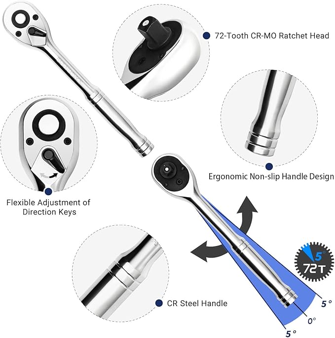 Long Ratchet Wrench Set, 1/4", 3/8", 1/2" Drive Long Handle Ratchet 3pcs Set, 72-Tooth Reversible Quick-Release, CR Steel and CR-MO Head, with EVA Storage Tray