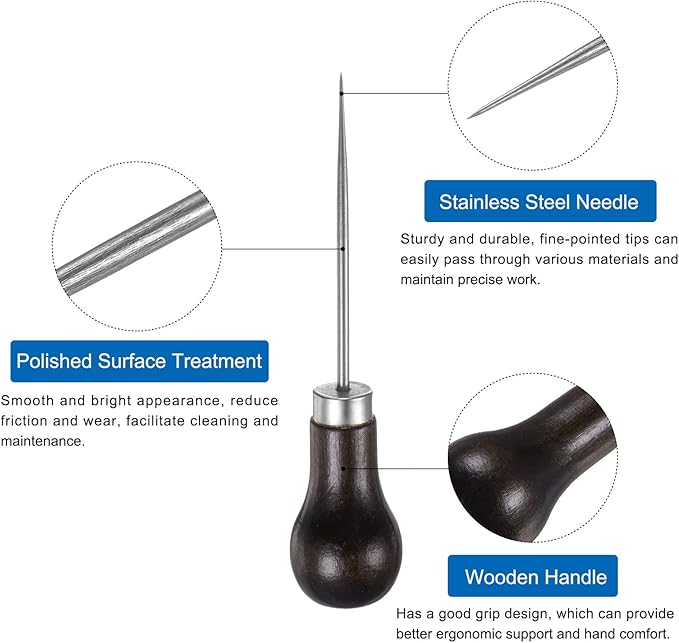 HARFINGTON 3pcs Handwork Sewing Awl Single Gourd Awl Leather Punch Hole Tool with Wooden Handle Scratch for Broken Wire Make Mark Drilling Stitching Repair and DIY Handmade, Dark Brown