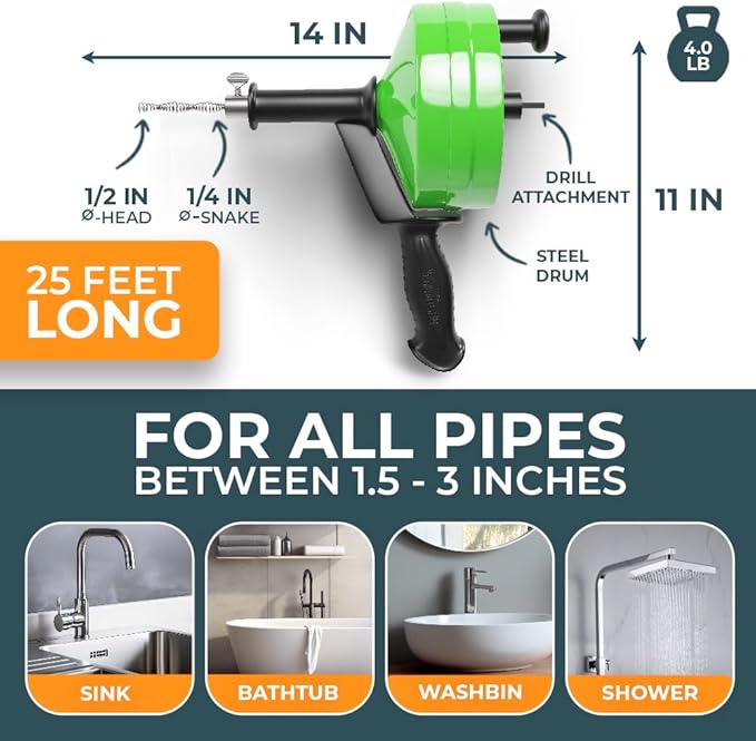 drain snake [25FT] - with drill attachment - Ideal plumbing snake for sink and drain unblocking - Solid drain auger for real DYIs! (25 FT - 1/4 inch)