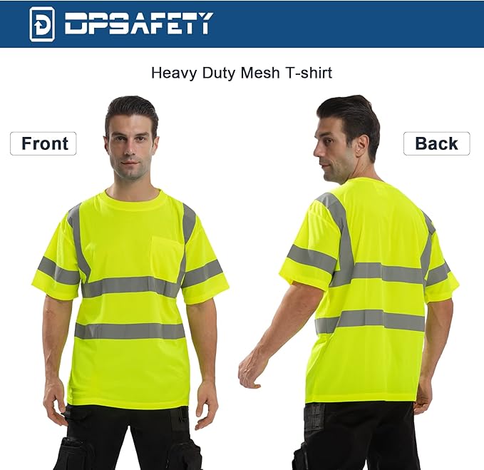 High Visibility Class 3 T Shirts，Hi Vis Safety Shirts with Reflective Strips and Pocket, Short Sleeve Quick Dry Mesh Construction Work Shirt for Men/Women Lime,Medium