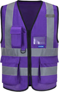 A-SAFETY Purple High Visibility Safety Vest with 4 Reflective Strips 7 Pockets,Small