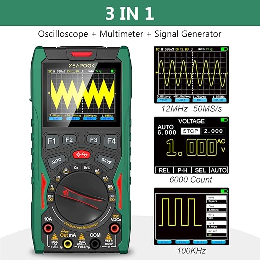 3 in 1 Handheld Digital Oscilloscope Multimeter Portable Oscilloscopes, 12MHz Bandwidth, 50MSa/s Sampling Rate with Multimeter and Signal Generator (YP101A)