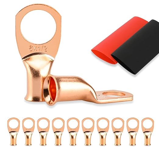 10PCS Battery Cable Ends, 6 Gauge Wire Connectors 1/2 Copper Wire Lugs, Bare Copper Eyelets with Heat Shrink Tubing by HOUSUN