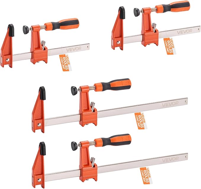 VEVOR Bar Clamps for Woodworking, 2-Pack 6 inch and 2-Pack 12 inch, Lockable F-Clamp with 600 lbs Load Limit, 2-1/2 inch Depth, Cast Iron and Carbon Steel, Wood Clamps for Woodworking Metal Working