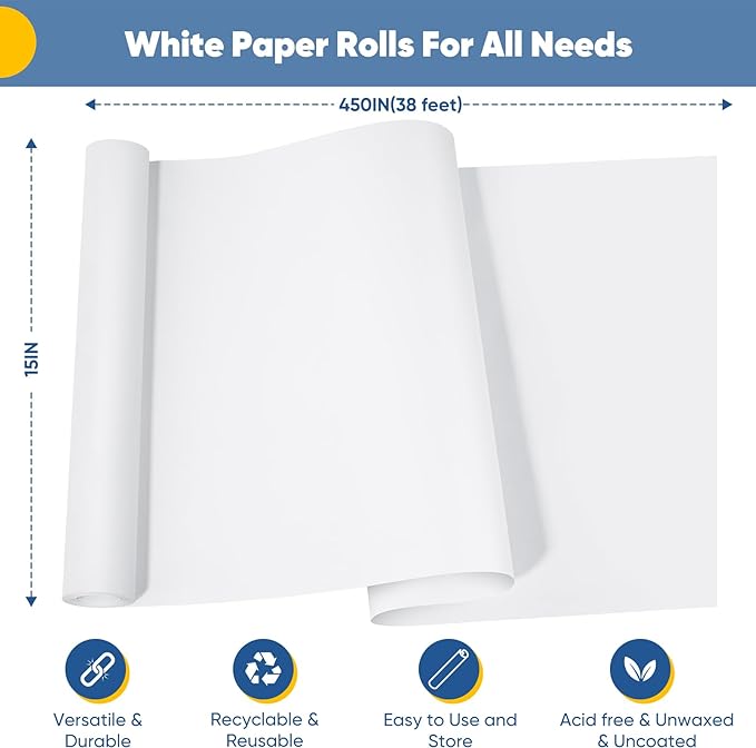 White Wrapping Paper Craft Paper Kraft Paper Roll 15" x 450", Bulletin Board - Image 2