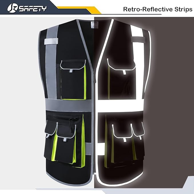 JKSafety 10 Pockets Black Color Safety Vest Zipper Front with High Reflective Strips Meets ANSI/ISEA Standards (88-Black, Large)